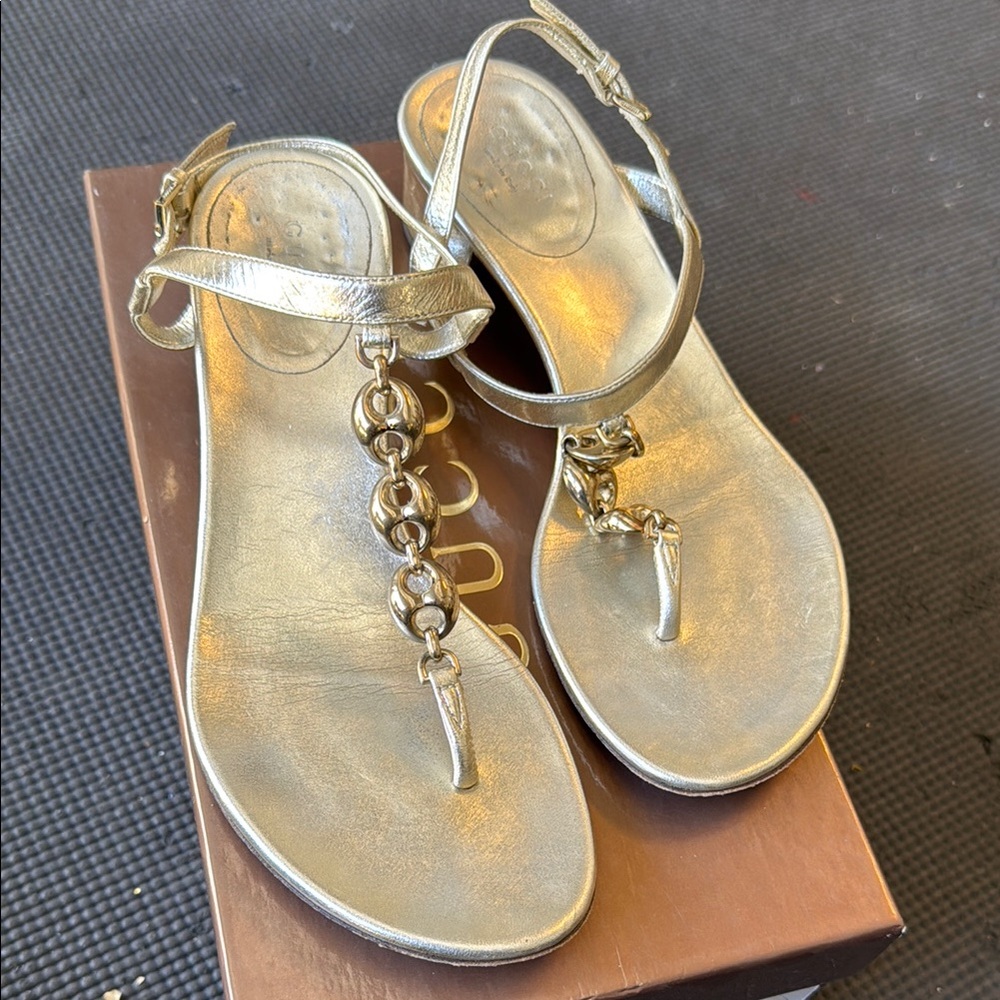 Gucci Gold Sandals with Chain Accent